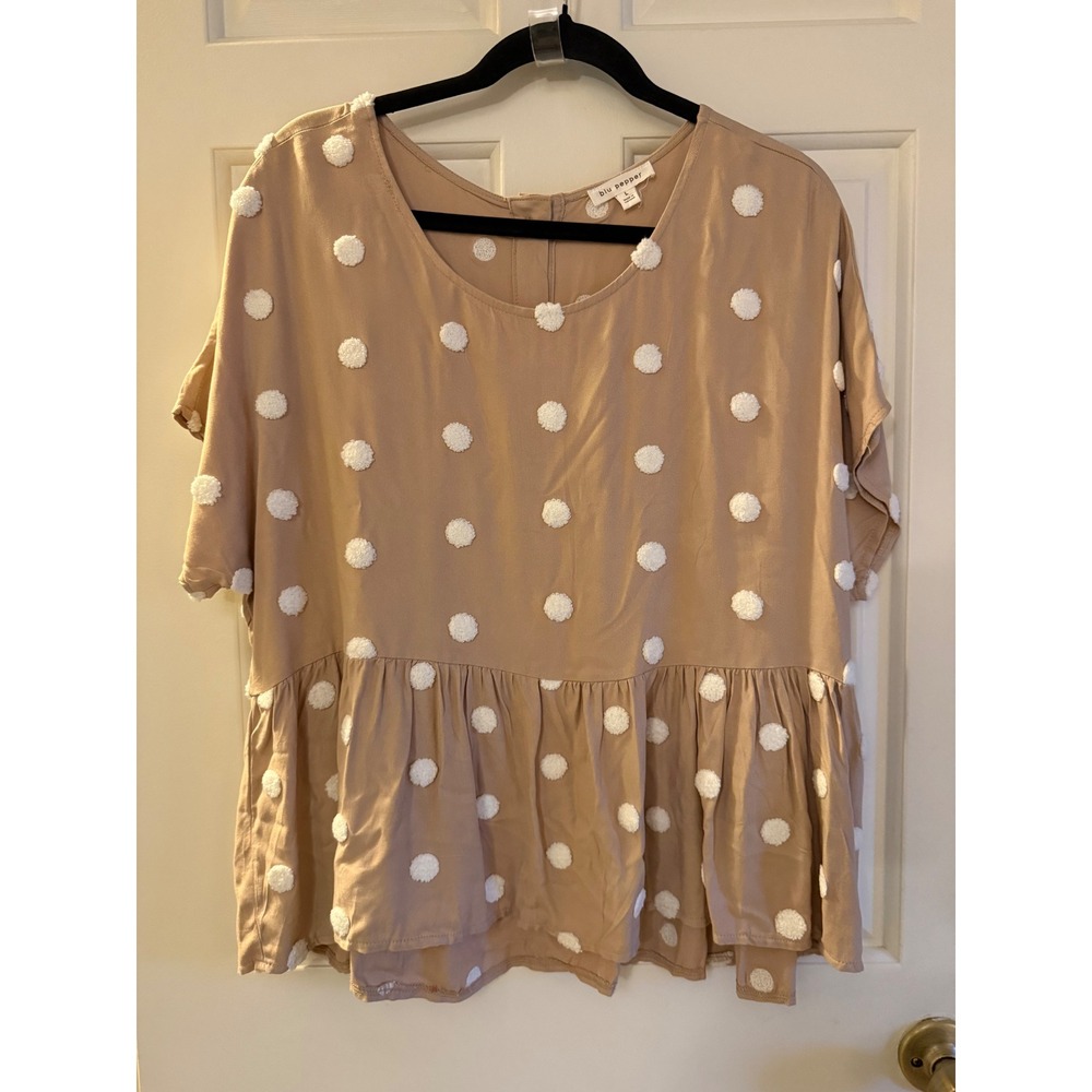 Blu Pepper Tan Pom Pom Polka Dot Babydoll Top Button Back Large
